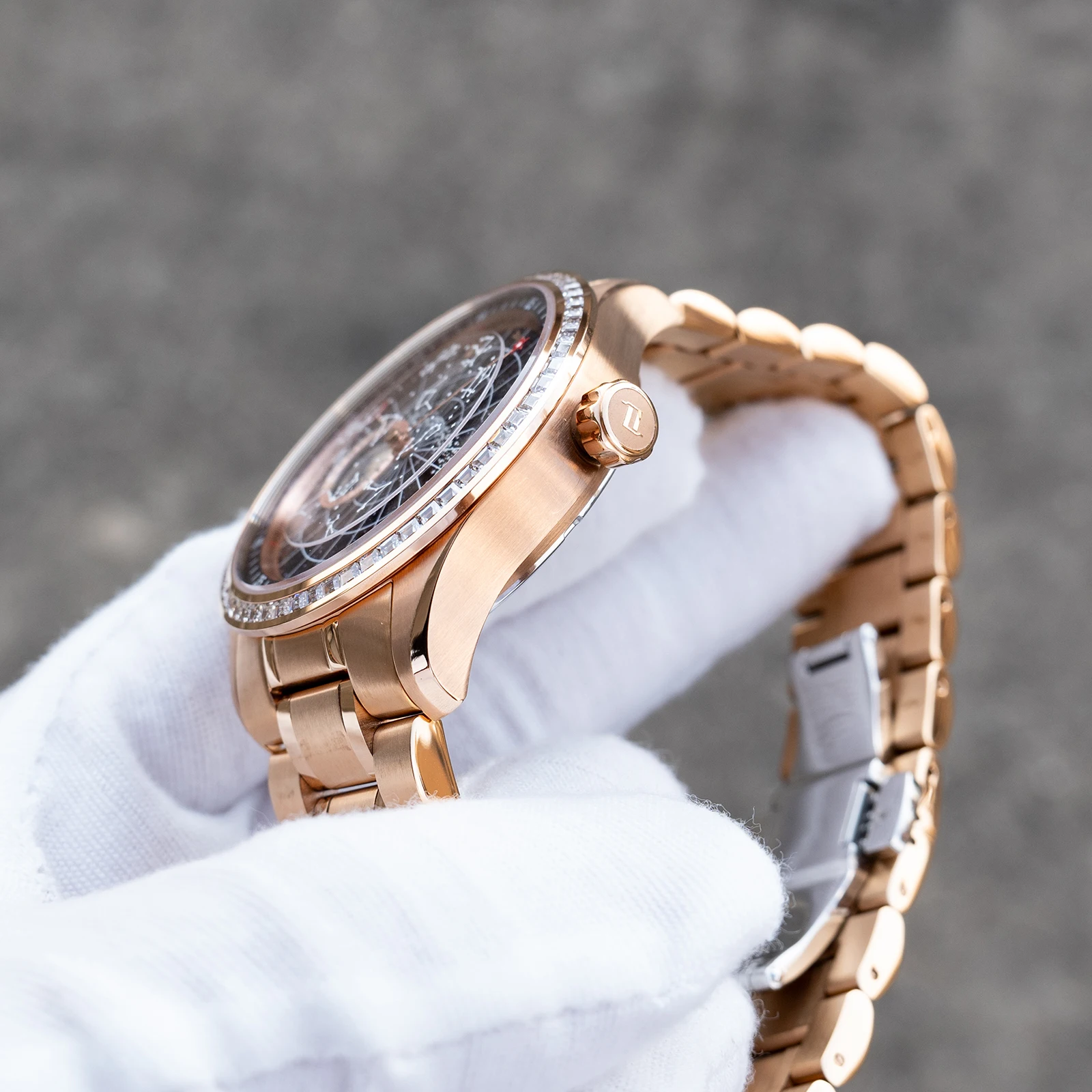 ساعة OBLVLO للرجال أنيقة باللون الذهبي الوردي ونجمة الأرض مع إطار ماسي ومينا أزرق وسوار أوتوماتيكي وسوار ساعة GC-D