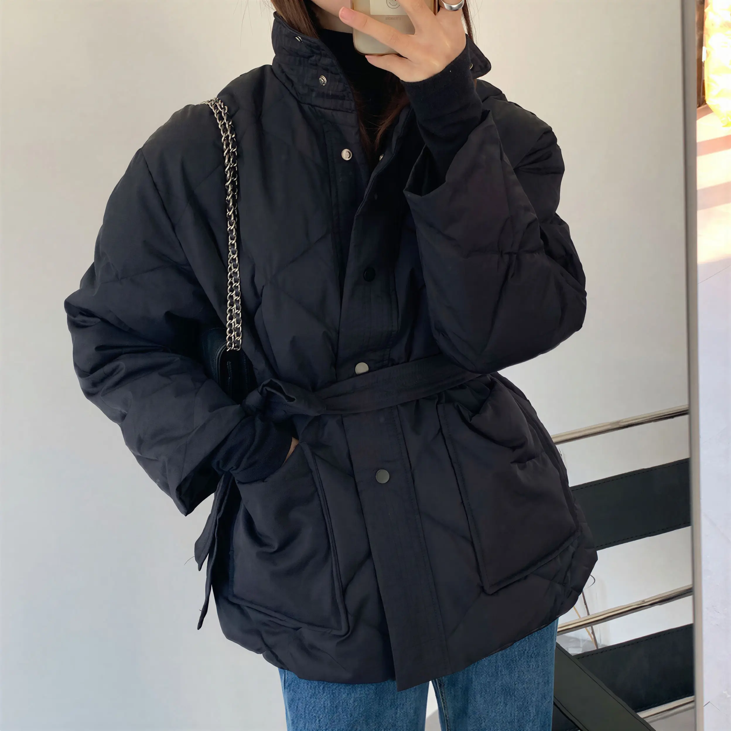 パーカー レディース インフォーマル オフシーズン ポリアミド パッド入りコットン ツーサイド カラーブロッキング スナップボタン フレア スタンドカラー フリル付き