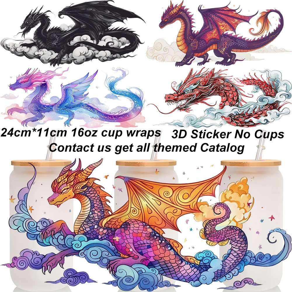 3D Fantasy Dragon Art Collection UV DTF Cup Warps Sticker Decals Label Waterproof DIY Dragon Themed Wraps Crystal Sticker