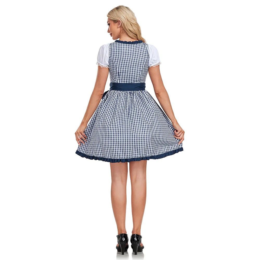 High Quality Apron Blue Plaid Dirndl Women Traditional German Beer Wench Costume Maid Cosplay Dress Oktoberfest Halloween Dress