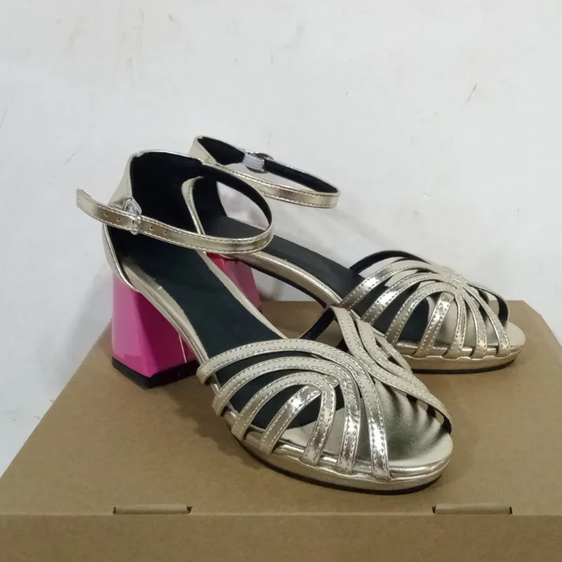 Women's Gold Sandals Ankle Strap Block Heel Peep Toe Party Shoes image 5