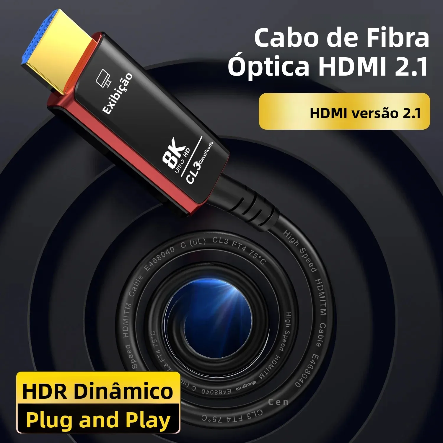 Cabo de Fibra Óptica HDMI 2.1 CYANMI 8K 8K@60Hz 4K@120Hz, Cabo HDMI 8K 48Gbps de Alta Velocidade com Roku TV PS5 Xbox RTX3080 3090