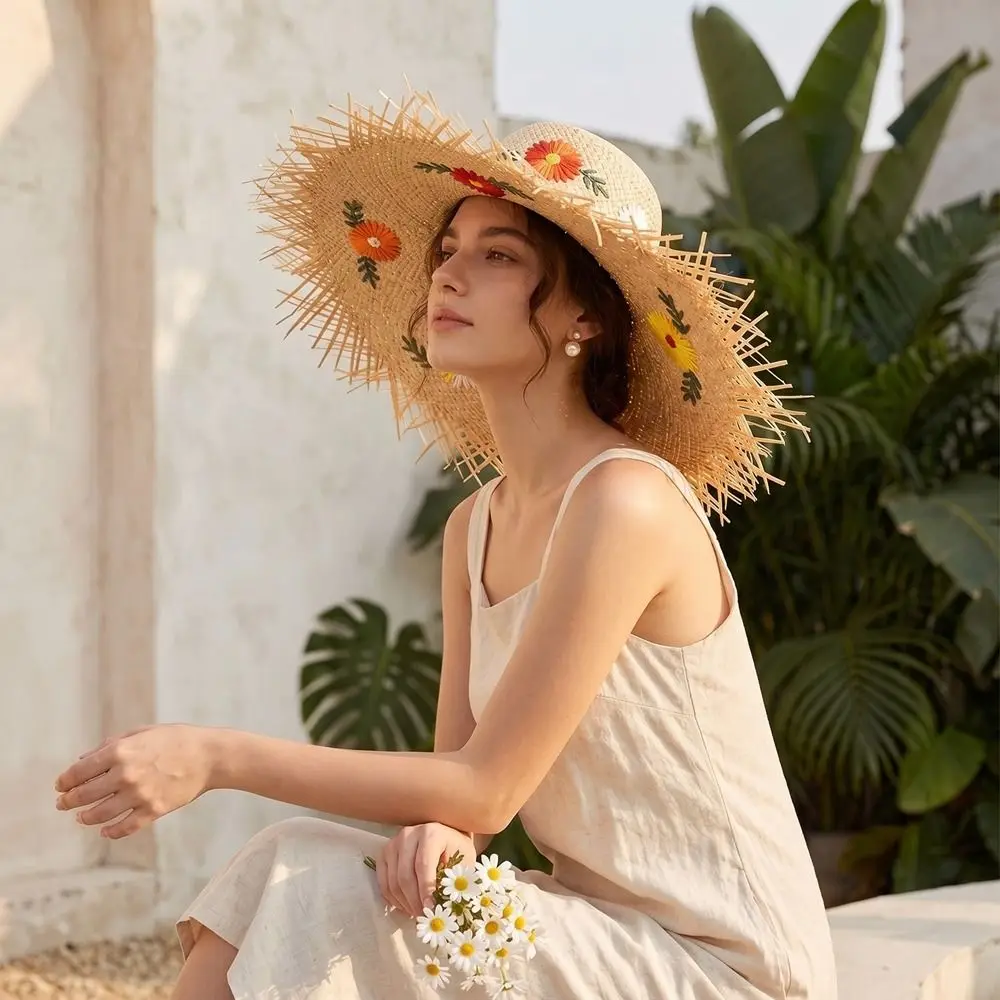 

Соломенная шляпа в стиле бохо с вышивкой цветов, широкими полями, легкая, в корейском стиле, для пляжа и отпуска