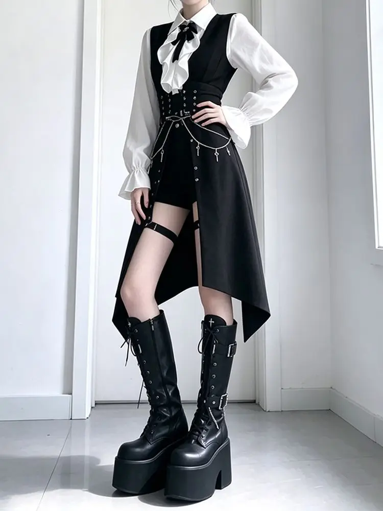 Gothic Dark Sweet Lolita 2 Piece Set Women Puff Long Sleeve Bowknot Corset High Waist Chain Cross Ruffle Lace Trim Slim Fit Dres