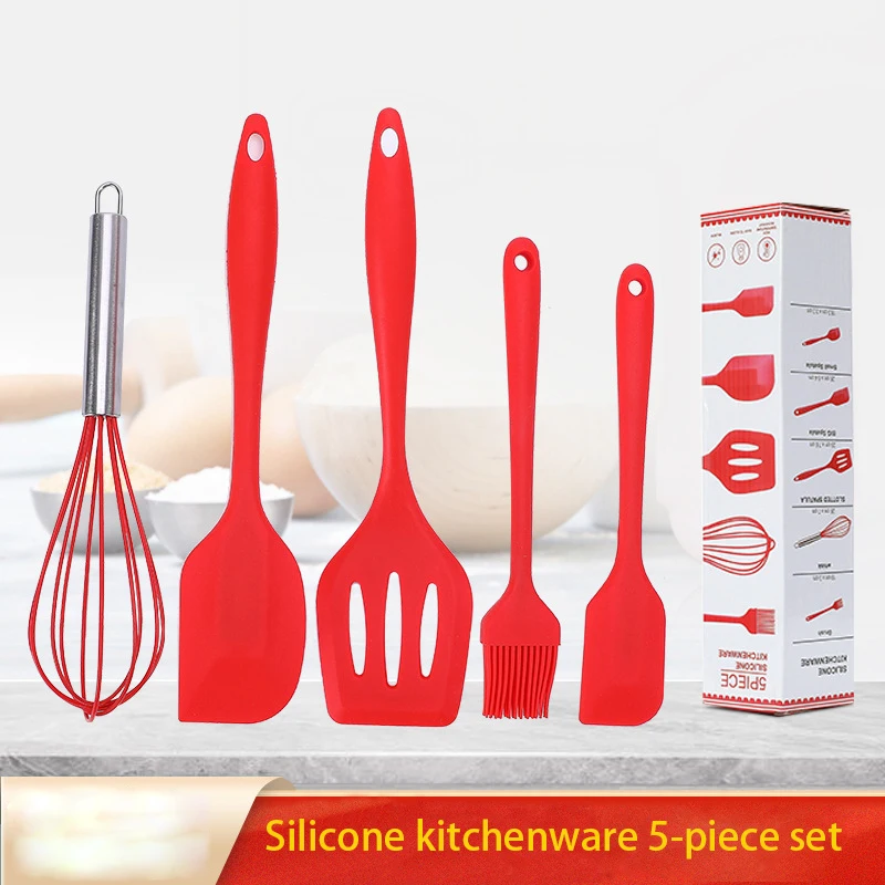 5Pcs Silicone Cooking Utensils Set Non-Stick Silicone Cake Spatula Cooking Shovel Whisk Oil Brush Flexible Kitchen Utensils Sets