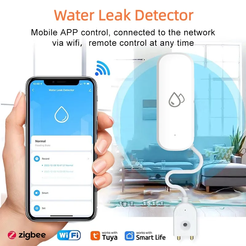 WiFi/Zigbee Water Leak Detector, Smart Home Flood Overflow Sensor, Tuya Smart Life APP Remote Alert, Water Leak Alarm with 1m