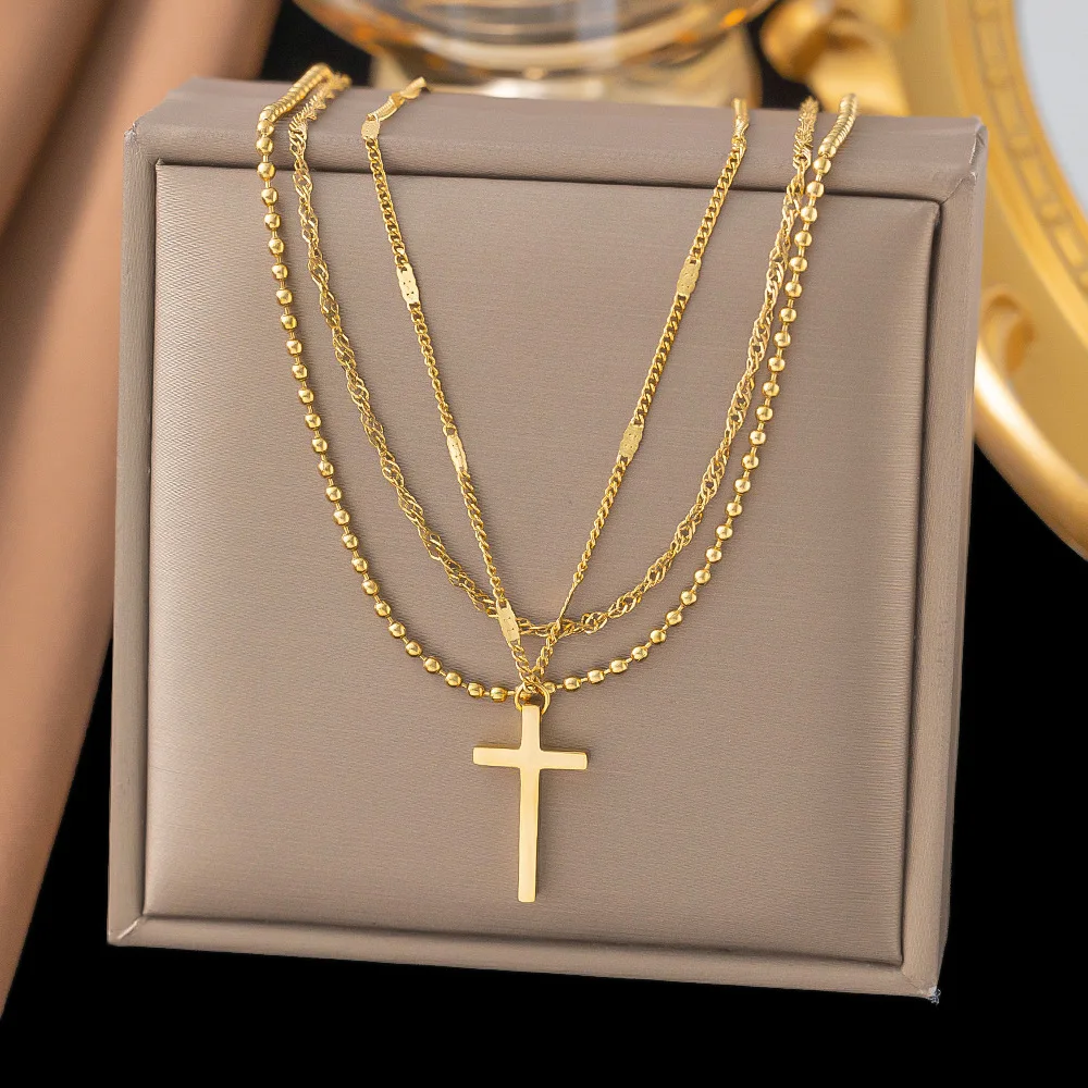 

316L Stainless Steel Fashion Fine Jewelry Vintage Bohemia Beaded 3 Layers Cross Charm Chain Choker Necklaces Pendants For Women
