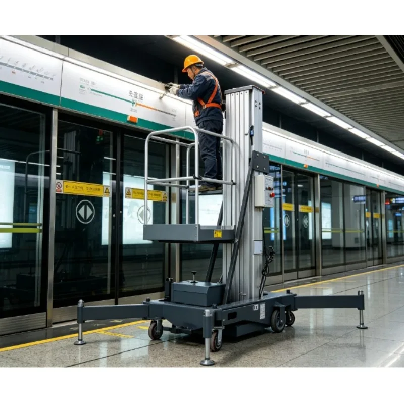 100kg 12m Small Aerial Working Lift Platform Single Mast Lift Vertical Telescopic Aluminum Alloy Mast Elevator