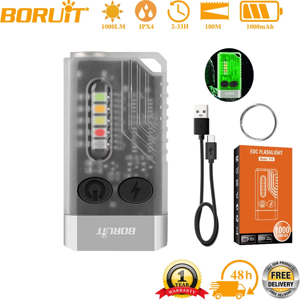

BORUiT V10 EDC Keychain Flashlight Portable Mini Torch Type-C Rechargeable Work Light With Magnet UV Beep Camping Pocket Lantern