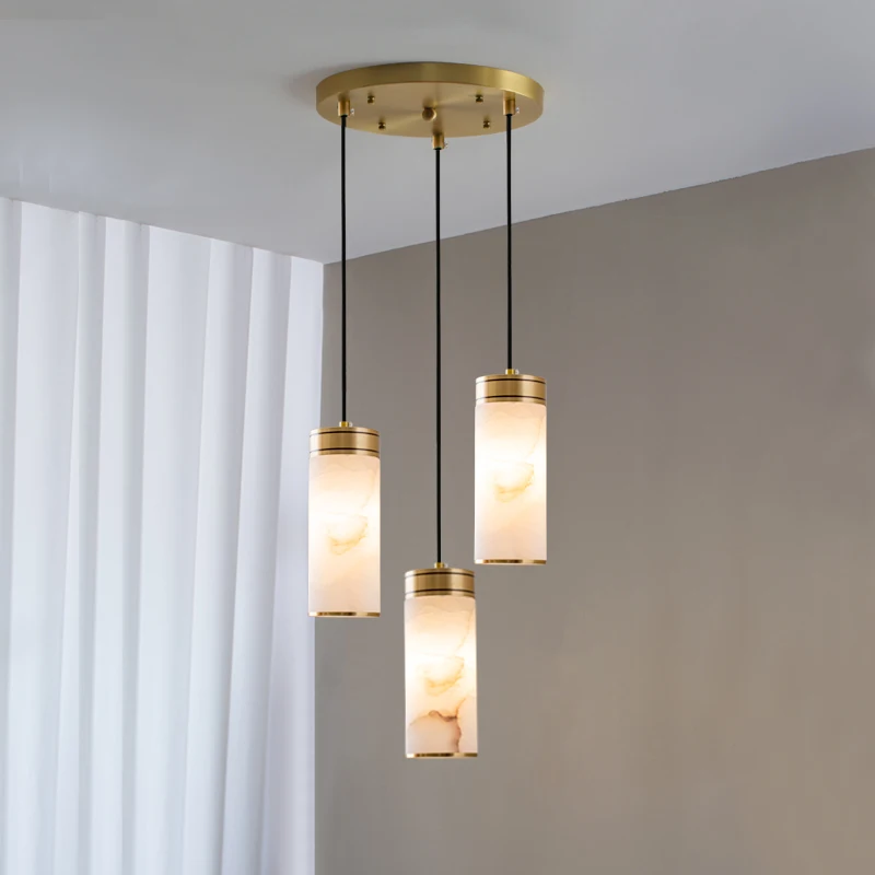 Minimalist Modern Chandelier Luxury Copper Marble Pendant Light Bedroom Bedside Entrance Long Strip 3-head Pendant Lamp