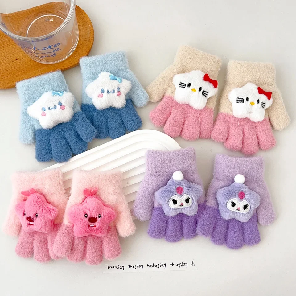 Sanrio-guantes de Hello Kitty para niños, manoplas gruesas de dibujos animados, cálidas y frías, cinco dedos divididos, Invierno