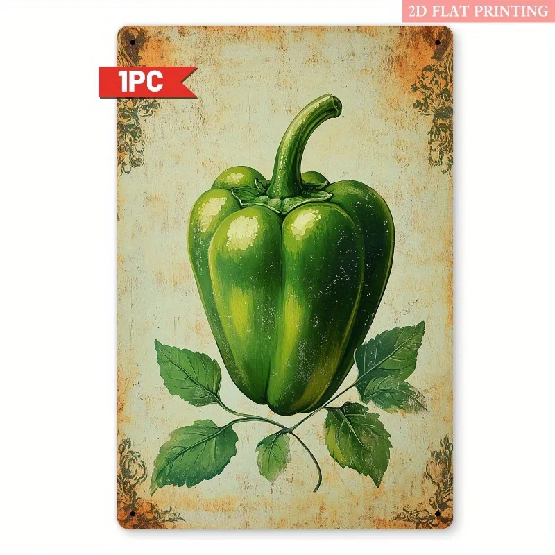 2D Flat Design, 1pc of Retro Green Chili Pepper And Bell Metal Wall Decoration Sign - Realistic Chili Pepper And Leaf Distressed