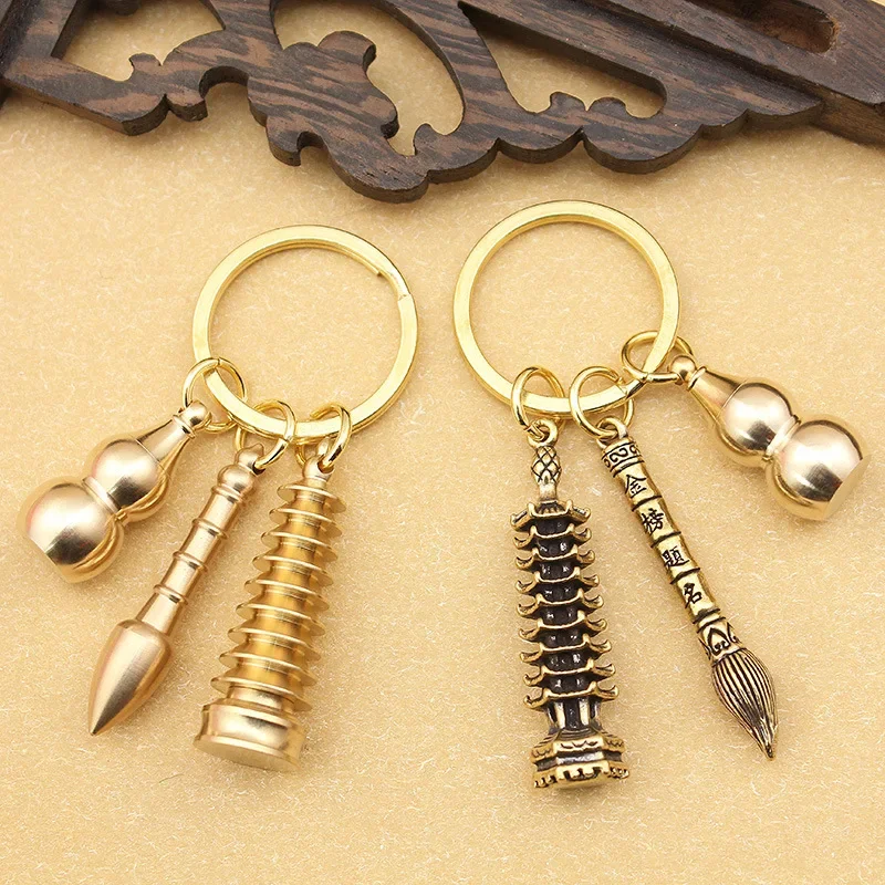 Chinese Brass Nine-story Wenchang Tower Cicada Pendant Help Study Traditional Vintage Car Keychain Decor Student Success Gift