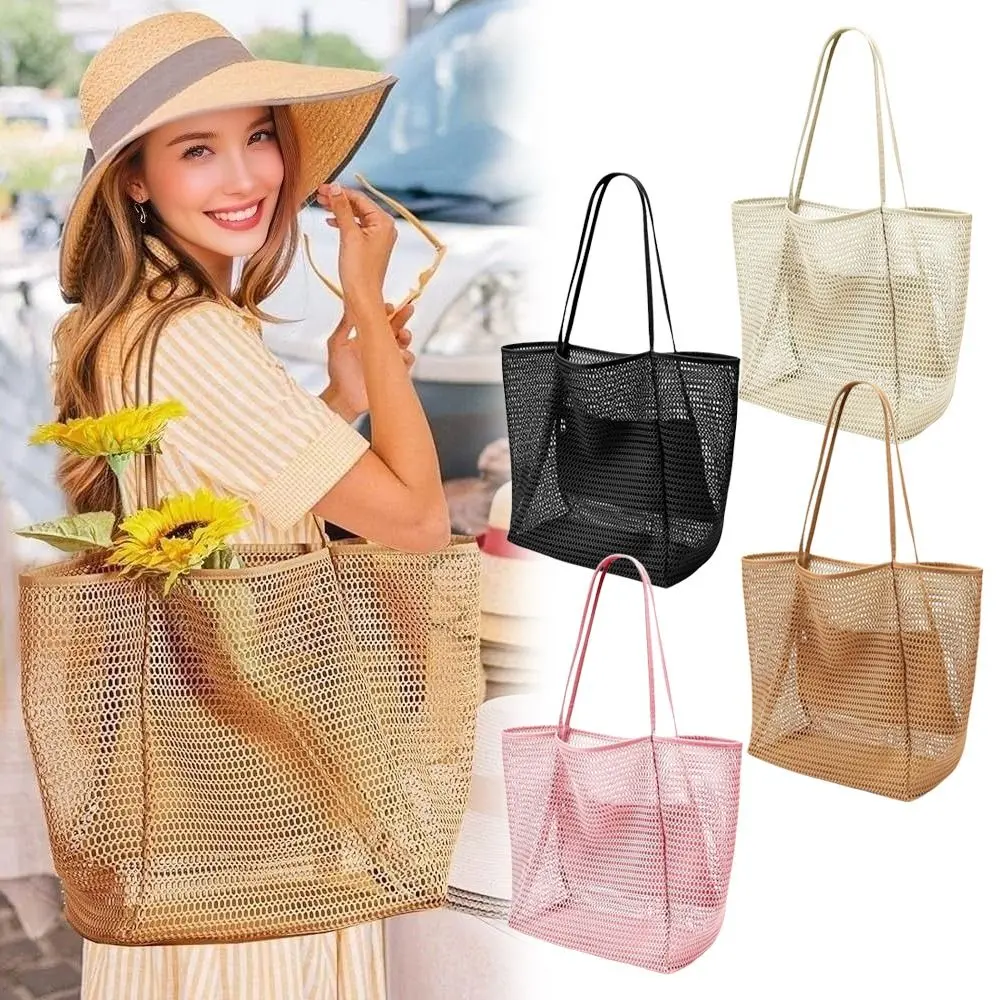 New Nylon Mesh Tote Bag Black Khaki Pink Large Capacity Shoulder Bags Lightweight Beach Handbags for Summer