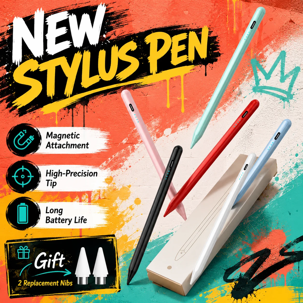 4 LED Stylus Pen for Android & iOS Tablets, Universal Touch Screen Pencil, Palm-Friendly Note Taking
