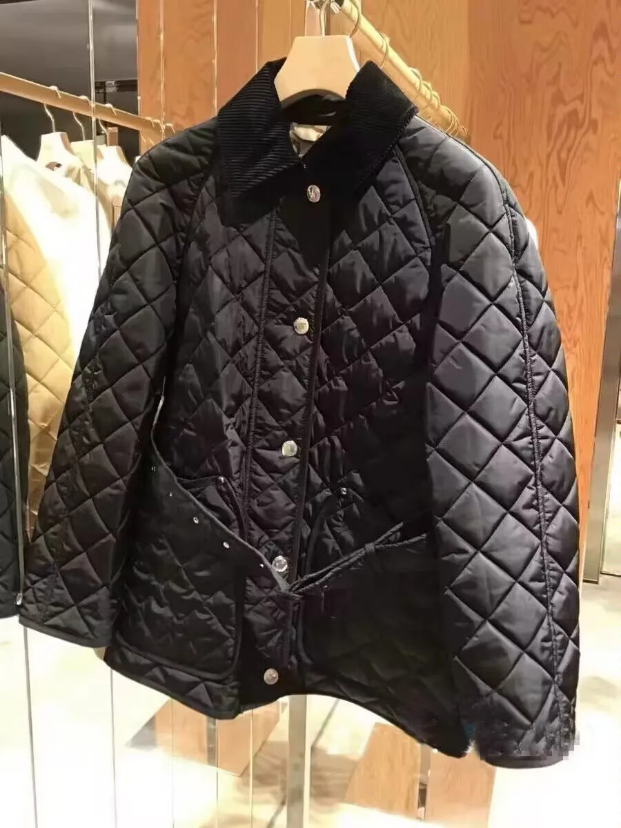 

British Style Winter High Luxury Women's Cotton Jacket Velvet Collar Slimming Waist Long Sleeve Diamond Button Cotton Coat