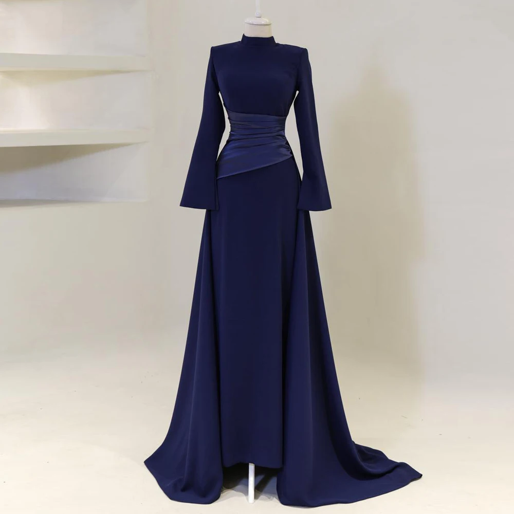 

Customized Navy Blue Muslim Formal Evening Dresses Mermaid Elegant High Neck Full Sleeves Prom Dress Long Satin Robes De Soirée