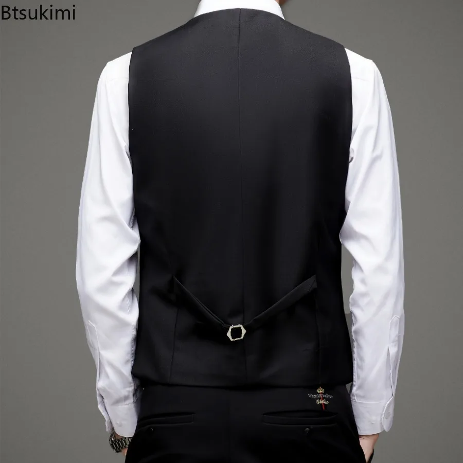 2025 nuevo traje de moda para hombre, chaleco con una botonadura, chaleco liso ajustado con cuello en V sin mangas, chaleco Formal para vestido de boda de negocios para hombre
