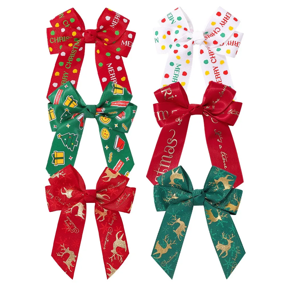 2Pcs/Set Bow Deer Polka Dot Christmas Hair Clips, Ribbon Barrettes for Women, Holiday Winter Festival Hair Accessories