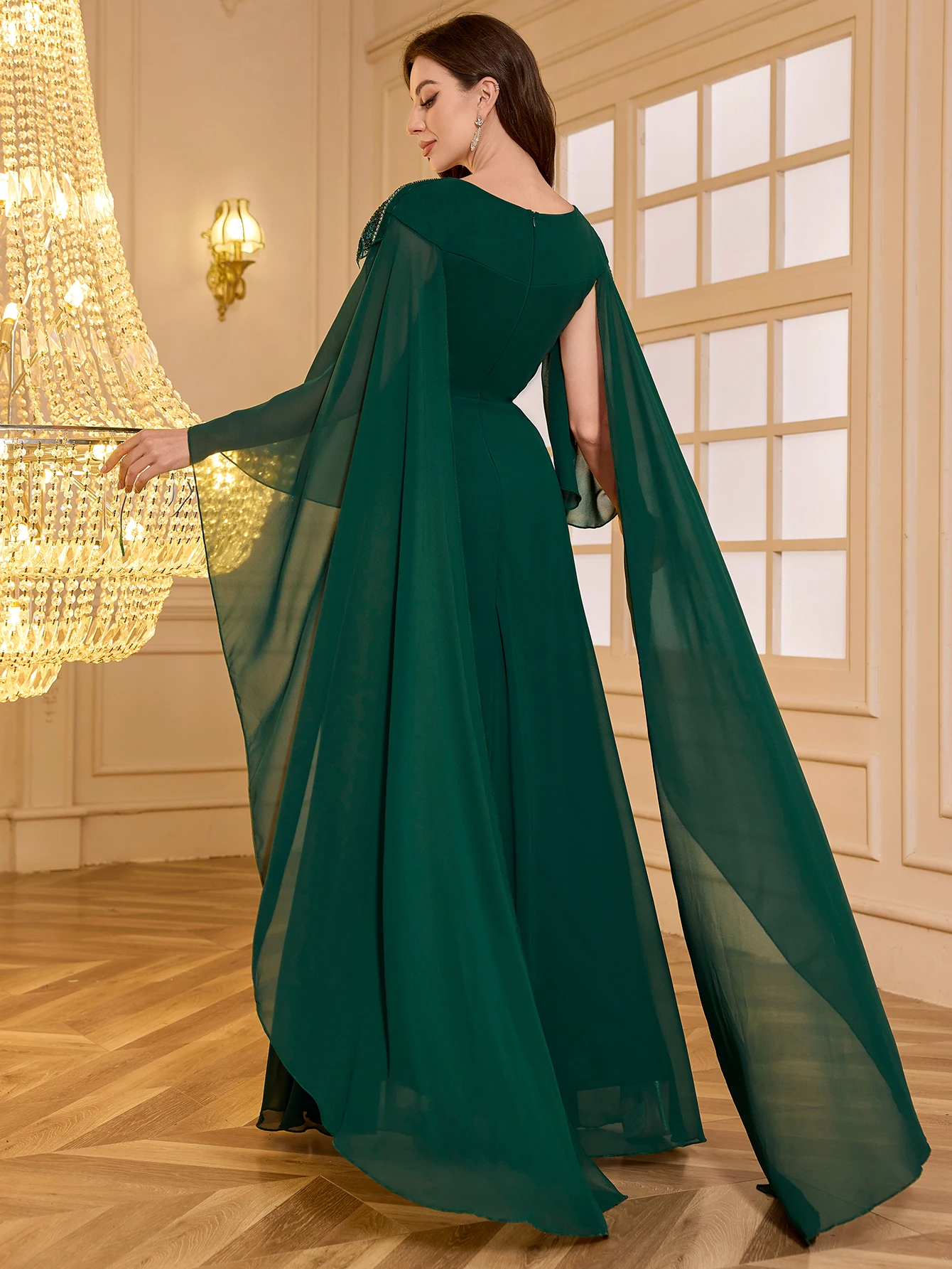 UNITHORSE فستان سهرة شيفون بأكمام طويلة مطرز بالخرز مقاس صغير للنساء، فستان أنيق للحفلات #2