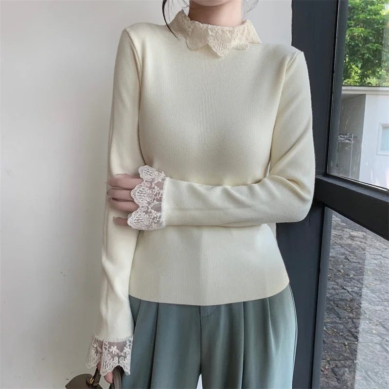 Turtleneck Knitwear Women Sweater Autumn Winter Lace Patchwork Pullover Long Sleeve Korean Casual Bottom Knitted Tops