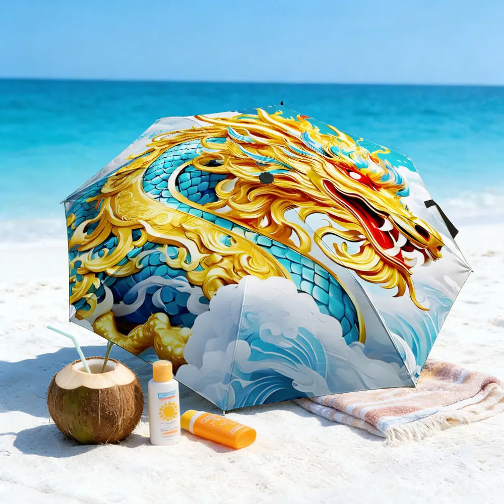 1PC Golden Dragon Umbrella by the Lake Print 8 Iron Ribs Folding Umbrella Auto-Open Fashion Sunshade