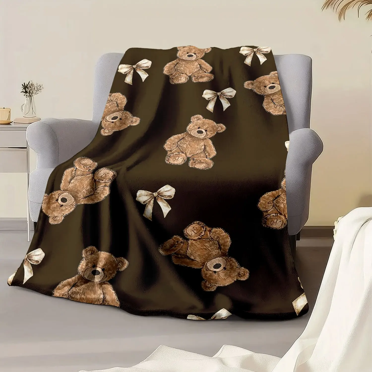 1pc Flannel Dark Brown Vintage Teddy Bear Bow Print Flannel Throw Blanket, Adult Nap Sofa Shawl Blanket, Gentle and Soothing Plu