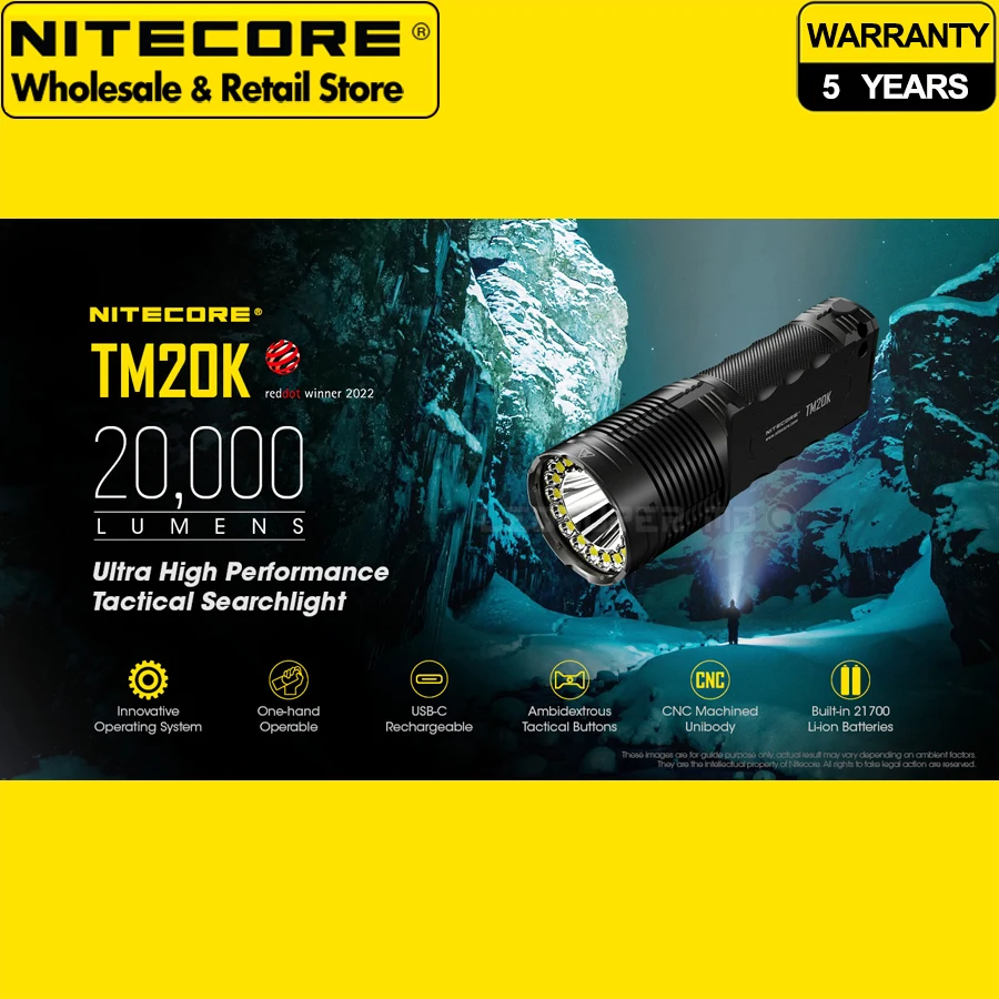 Winner of Red Dot Award NITECORE TM20K 20000 Lumen Tactical Searchlight Flashlight Built-in 9600mAh Rechargeable Battery