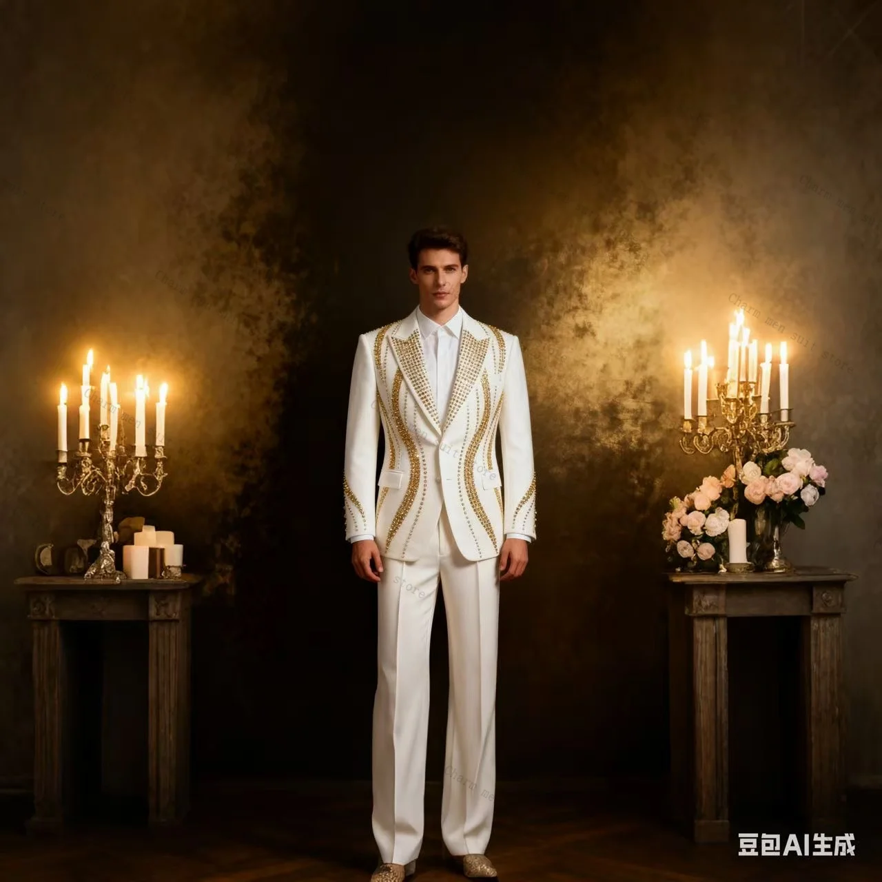 

White Men Suits Set 2 Pieces Crystals Blazer+Pants Trousers Customized Wedding Tuxedos Formal Office Business Jacket Coat