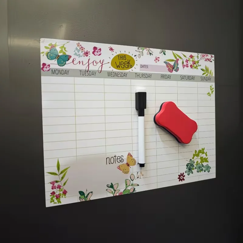Magnetic Weekly Planner Whiteboard, Floral Butterfly Fridge Calendar, Reusable Dry Erase Board with Marker & Eraser