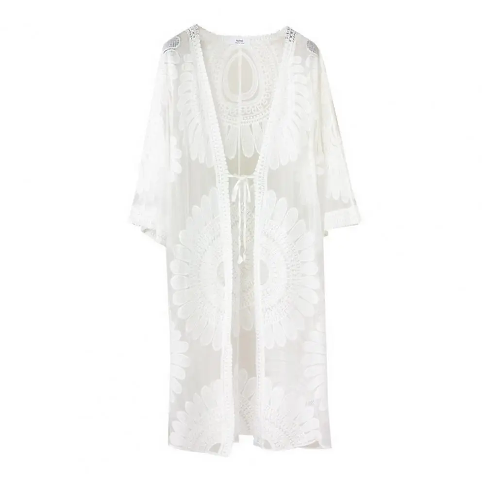 حجم واحد مثير الدانتيل يصل الصيف الشاطئ التستر بلون المرأة فستان الشاطئ زهرة التطريز النساء الملابس #5