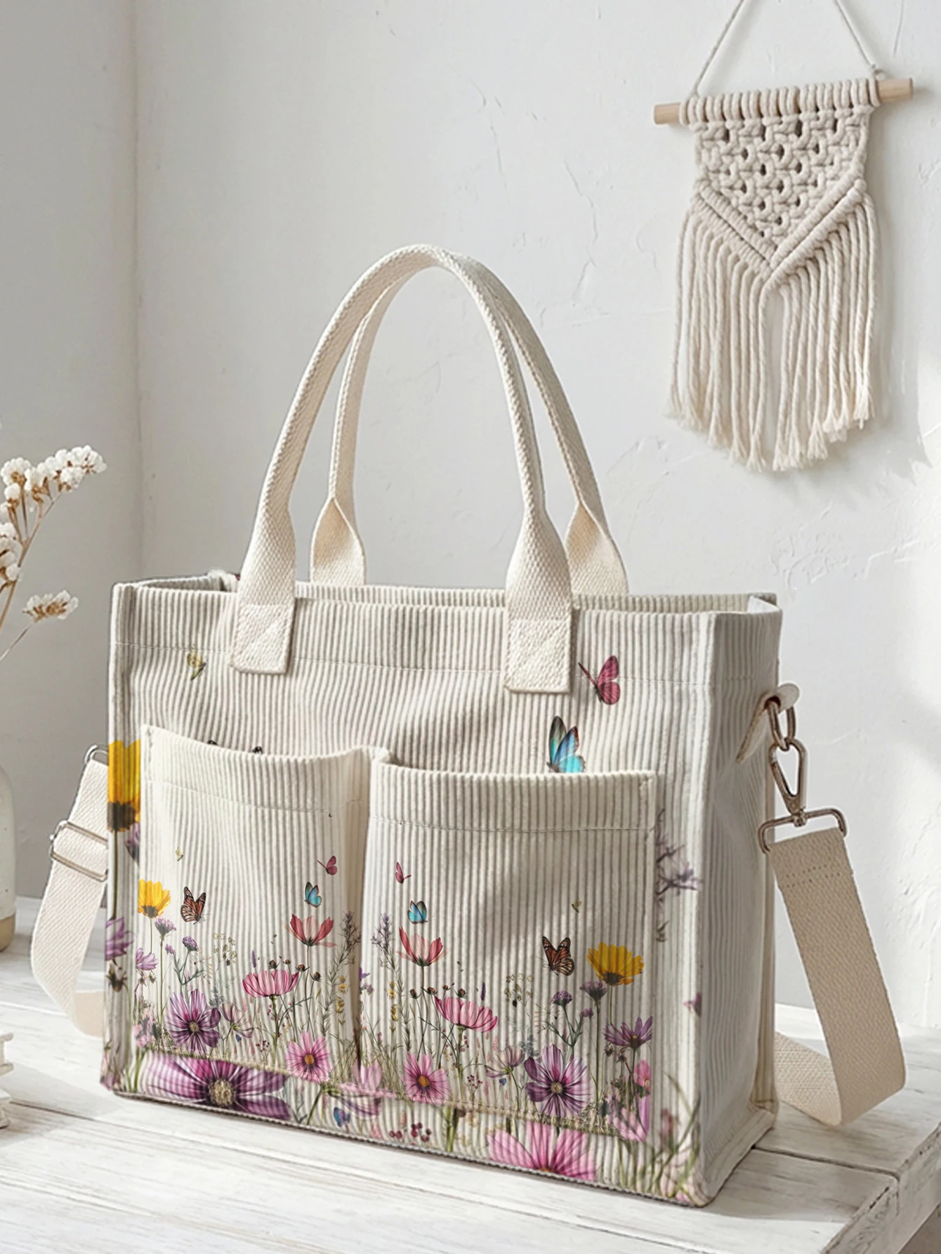 

Вельветовая сумка-тоут с принтом диких цветов и бабочек, большая вместимость, много карманов, для любителей природы, городская сумка через плечо