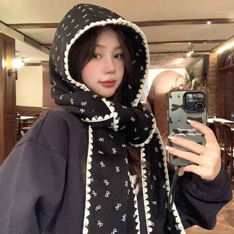 

Korean Style Print Bow Hat Scarf Winter Warm Fleece Lined Cute Women Beanie Neck Warmer Integrated Fashion Accessory