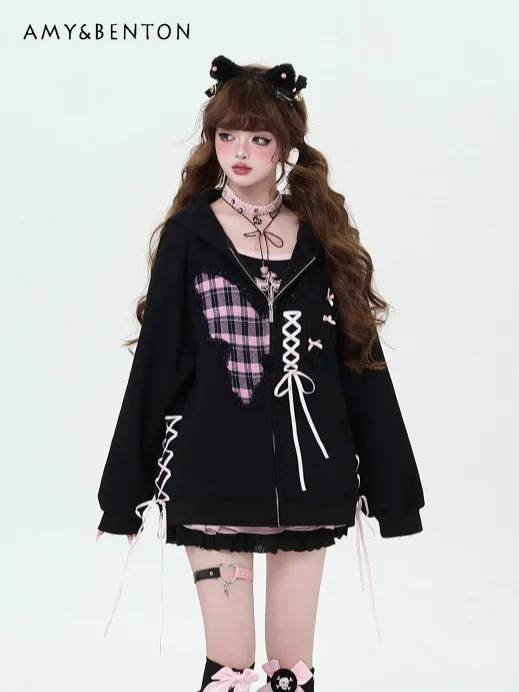 American Sweet Girl Butterfly Stitching Plaid Loose Casual Hooded Jackets for Women Autumn Preppy Style Kawaii Oversized Coat