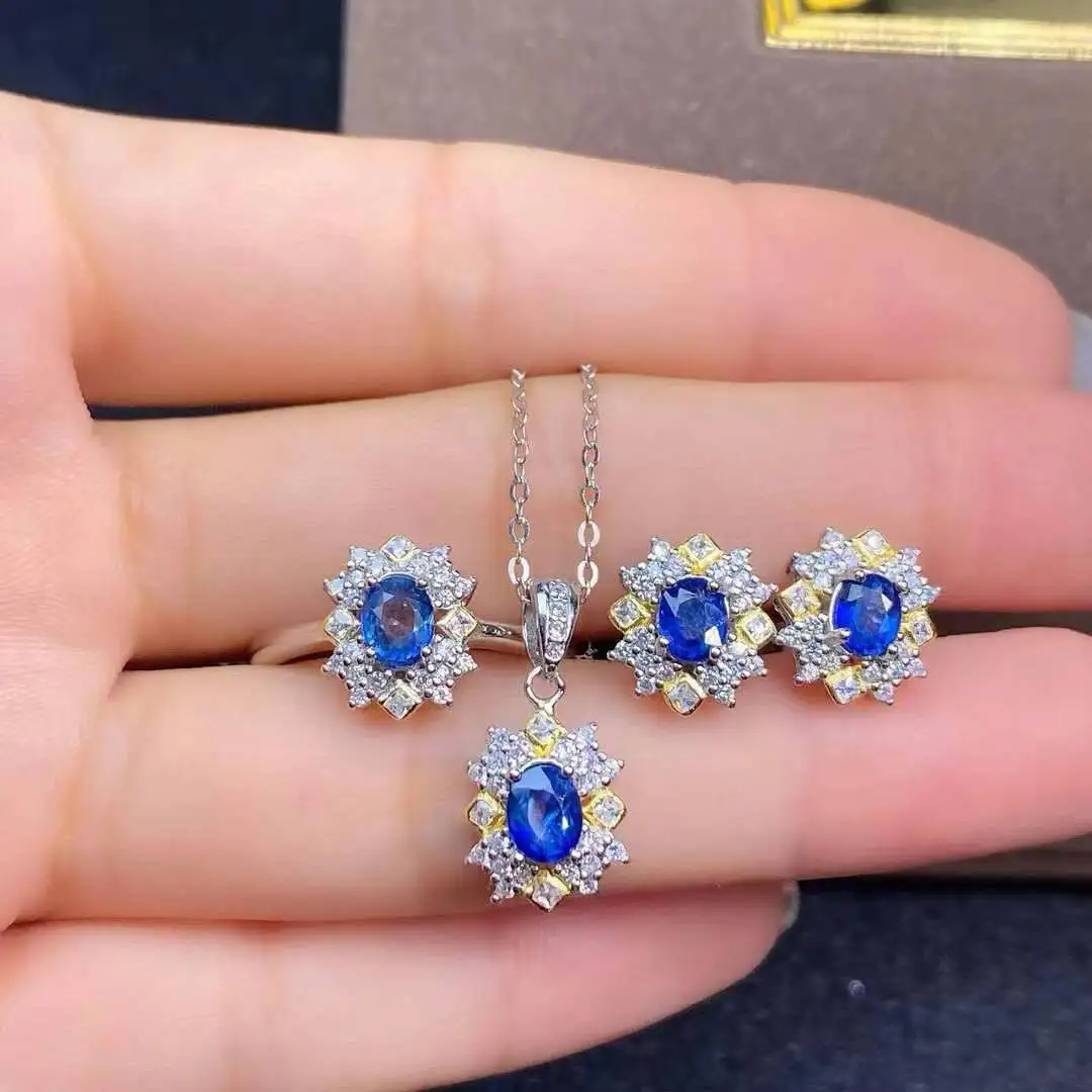 Natural Real Sapphire Set For Sale 925 Sterling Silver Classic Women Wedding Jewelry set 1pc ring,1pc pendant,2pcs earrings