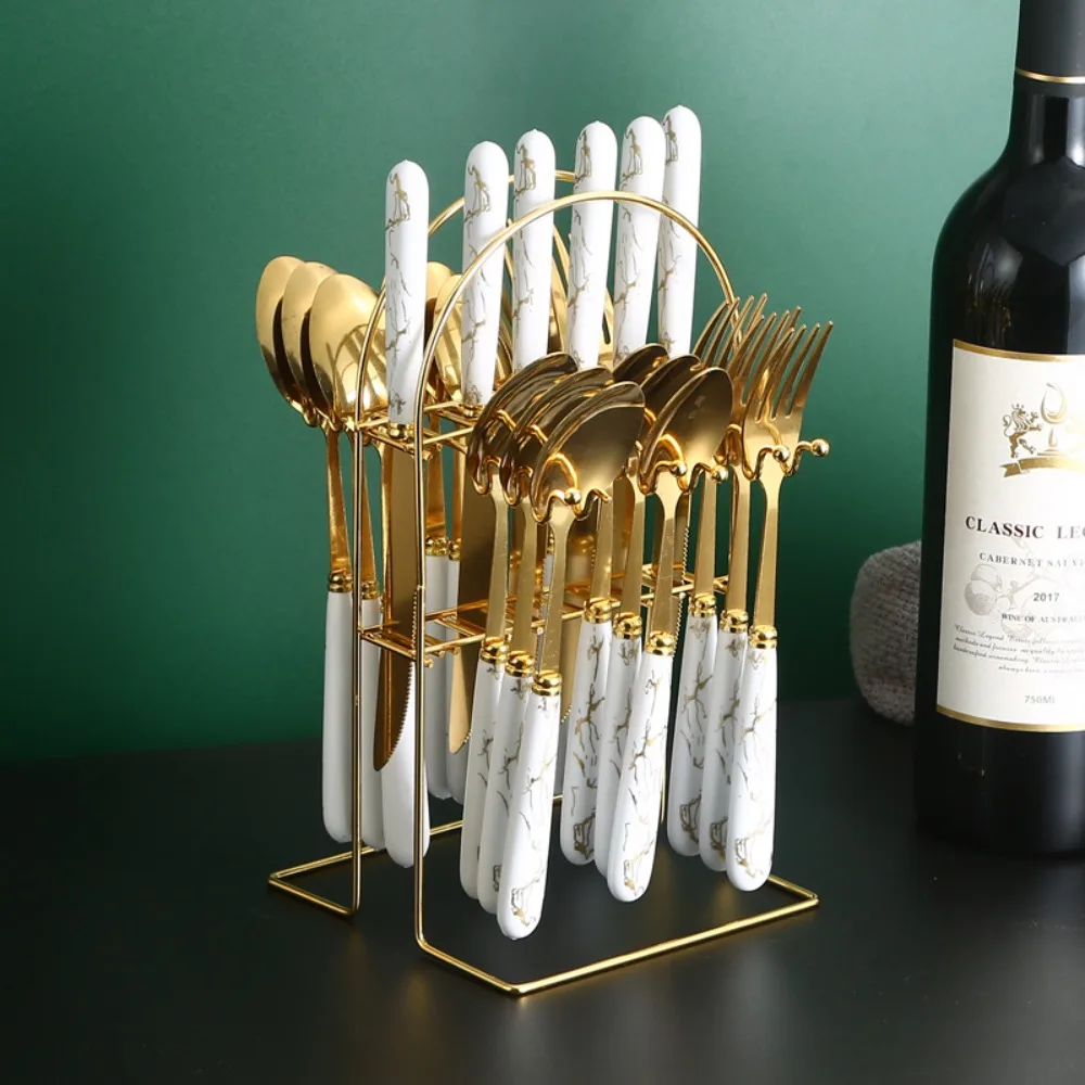 طقم أدوات مائدة رخامية من الفولاذ المقاوم للصدأ مكون من 24 قطعة مرآة مصقولة مع رف تخزين طقم أدوات مائدة عائلية على الطراز الشمالي #3