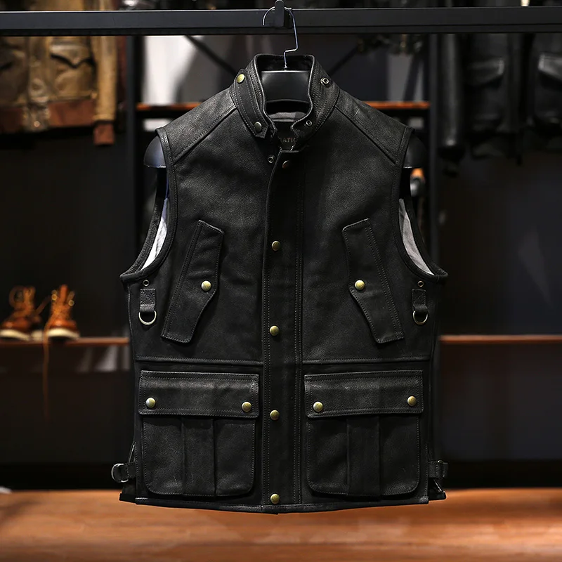 SLZ480  Asian Size Super Quality Cow Leather Vintage Waistcoat Men\'s Stylish Biker Vest