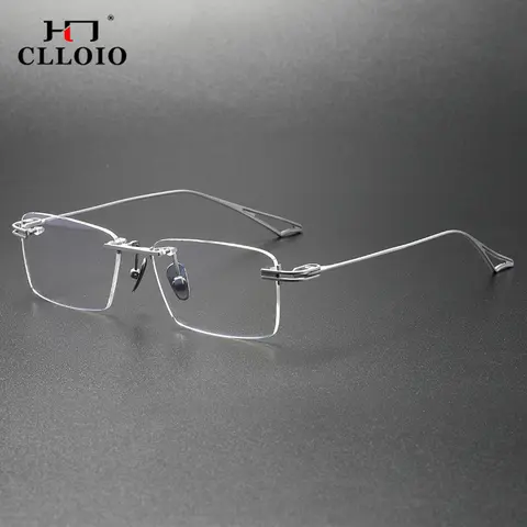 CLLOIO Pure Titanium Eyeglasses Frame Men Business Rimless Square Prescription Glasses Ultralight Optical Glasses Frames Act-Fix
