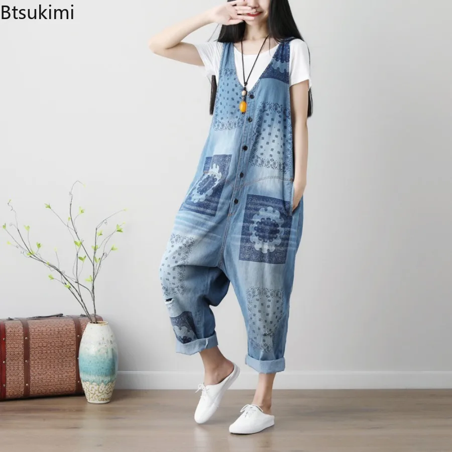 

New Women's Vintage Printed Jumpsuits Loose Casual Denim Overalls Spring Summer Sleeveless Rompers Street Ripped Jeans for Women