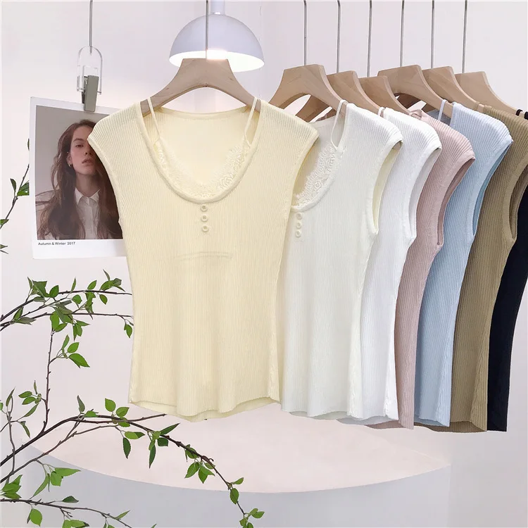 

8036, топ с кружевной отделкой, новый летний топ с круглым вырезом, искусственный двухсекционный дышащий жилет с изогнутыми бусинами, облегающий жилет с короткими рукавами для женщин