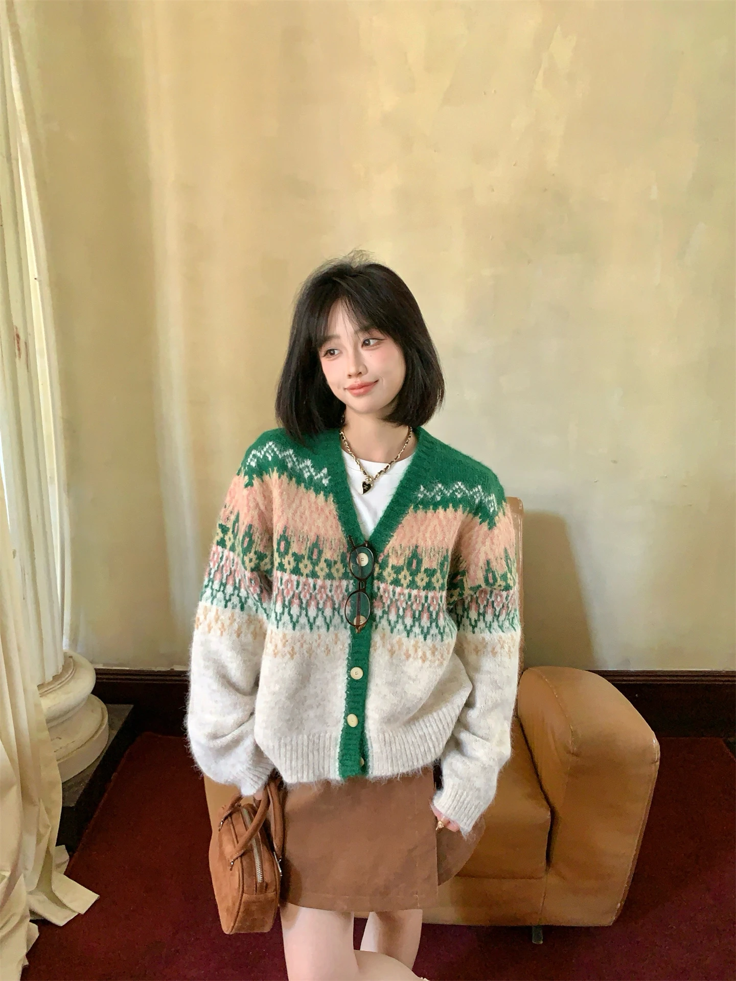 

Women's Loose Knitted V-Ne Sweater Coat Iced Americano Retro Embroidery Color Blo Autumn Winter ort Open Cardigan