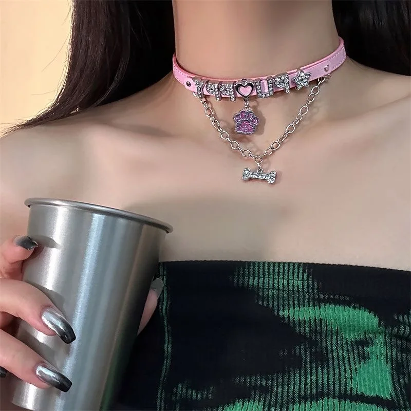 Luxury Crystal Rhinestone Letters Puppy Collar Sexy Bone pendant Chocker Necklace Cosplay Jewelry Accessory Gift