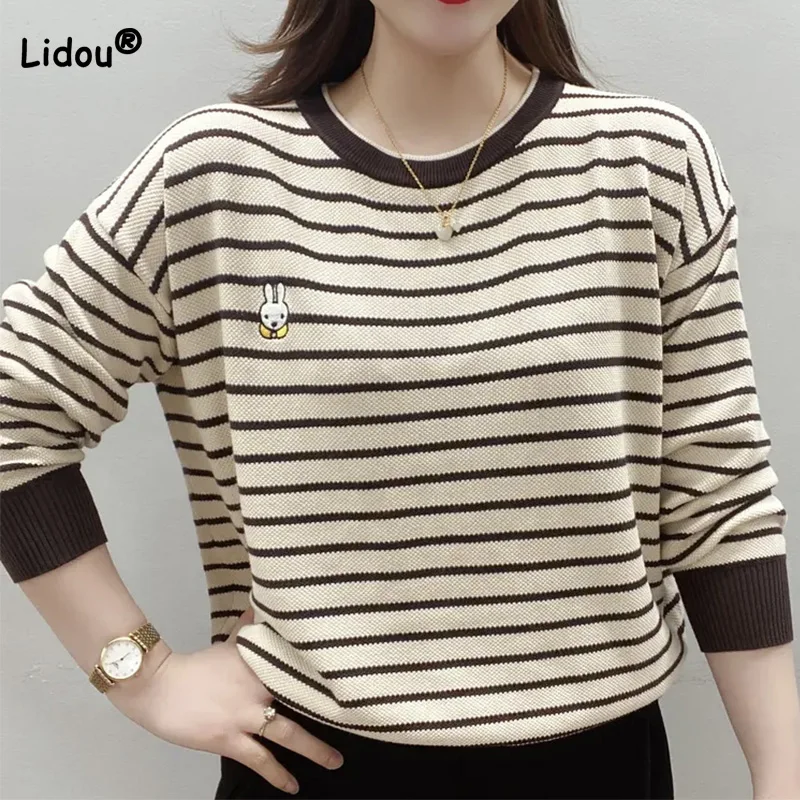 Spring and Autumn New Thread Sweatshirts Simplicity Women's Clothing Crew Neck Striped Print Embroidery Long Sleeve Pullovers