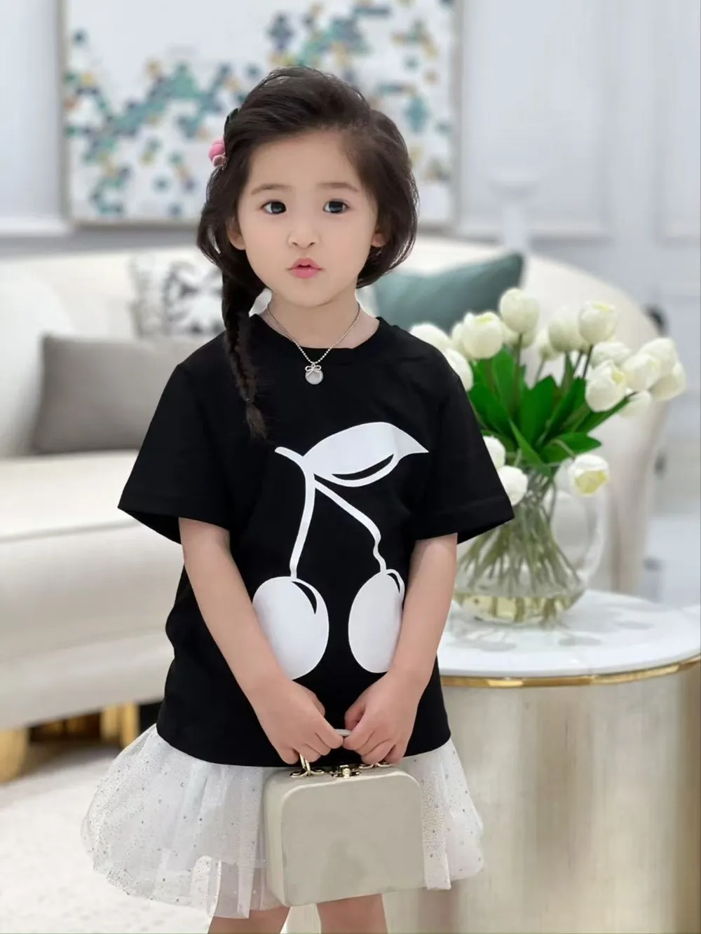 

summer kids girl clothes baby girl clothes baby tops cotton tees Cherry patterned printed T-shirt Short sleeved cotton T-shirt