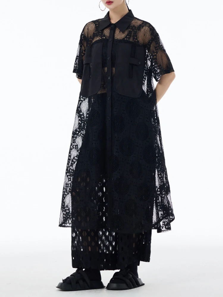 [EAM] Women White Lace Perspective Big Size Long Shirt Dress New Lapel Short Sleeve Fashion Tide Spring Summer 2024 1DH6295