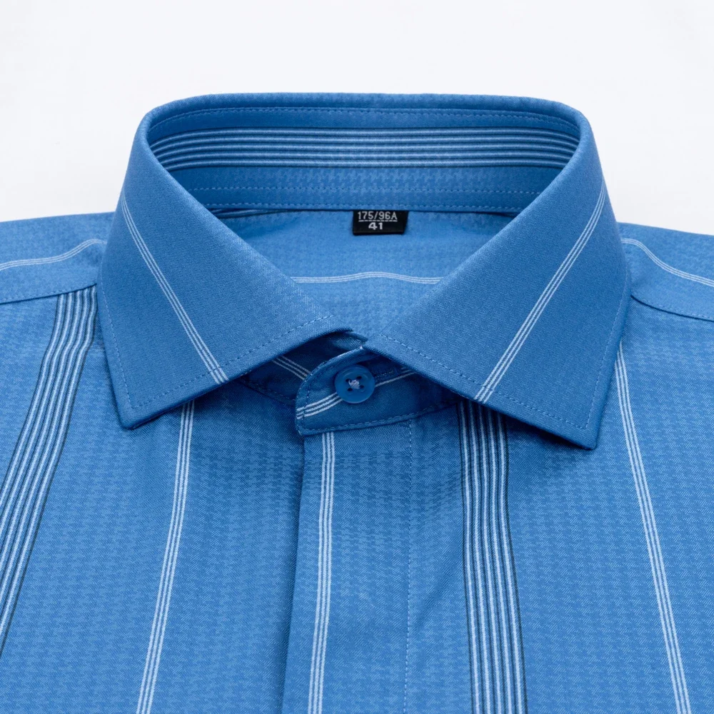 Men's Luxury Striped French Cuff Dress Shirt No Pocket | Wrinkle Free Long Sleeve Concealed Placket Slim Fit Wedding Top