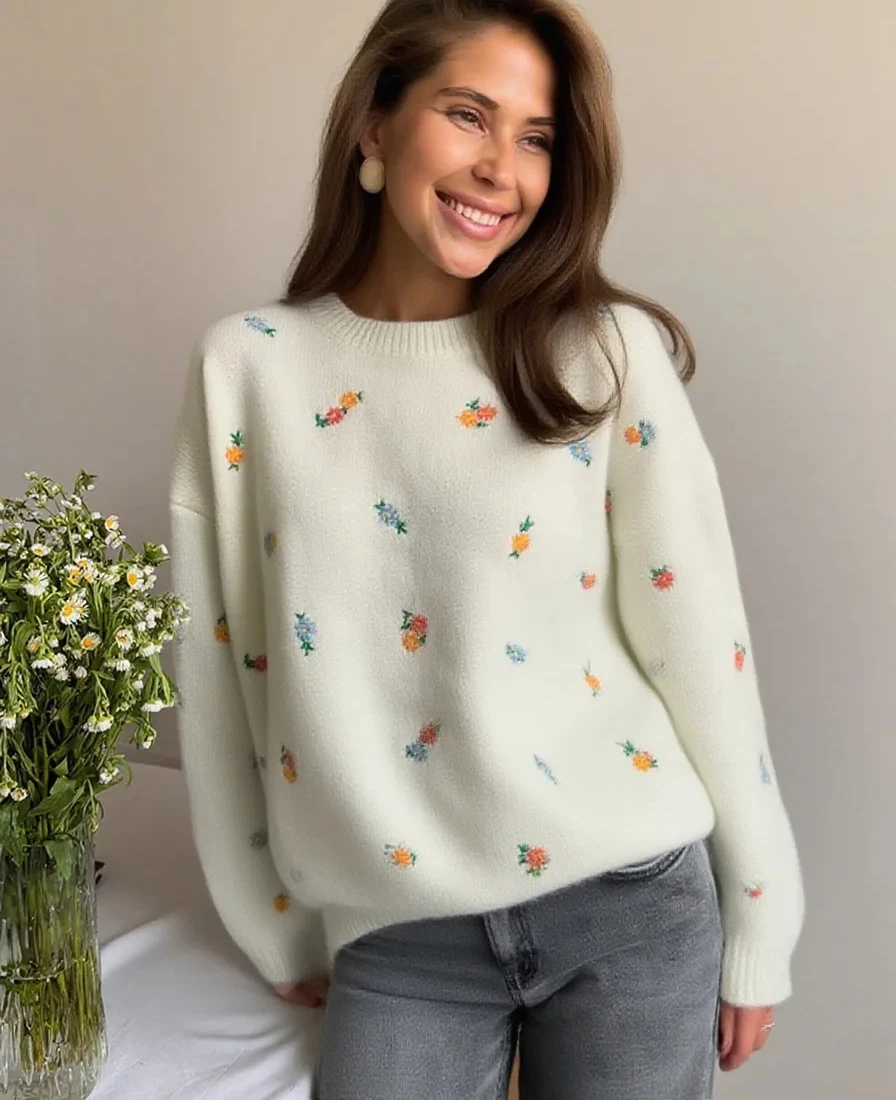 

Women's Loose Embroidered Flower Knit Sweater Crew Neck Long Sleeve Casual Autumn Winter Knitwear
