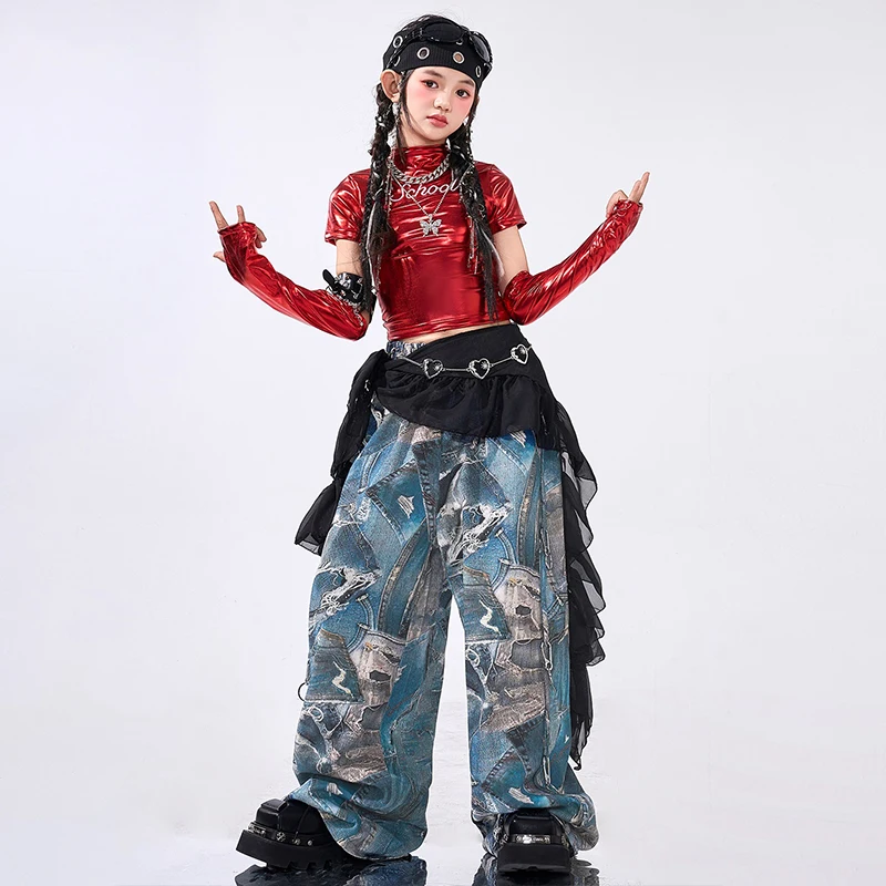 Costume de danse Jazz rouge pour spectacle scolaire, tenue de spectacle, haut court, pantalon Shuffle, vêtements de scène Kpop pour filles, vêtements de danse de rue, 2025 2673