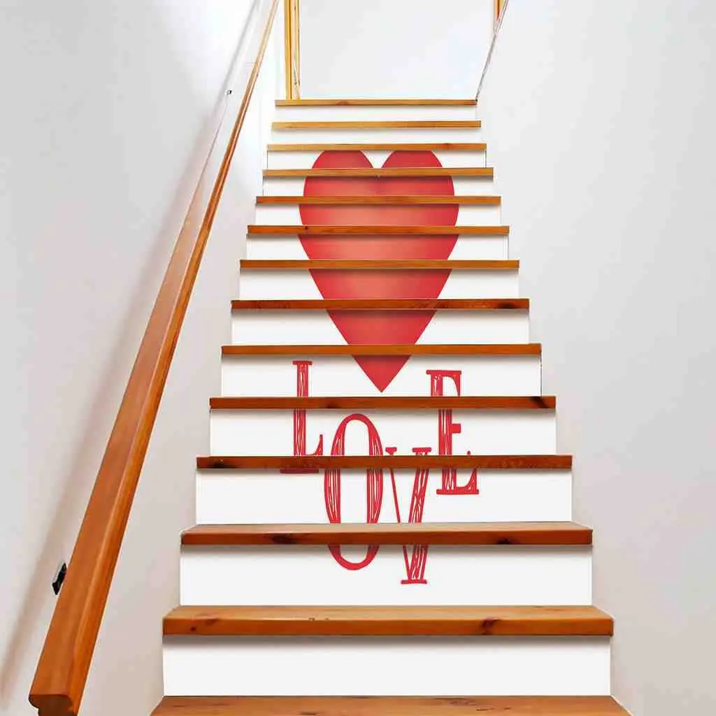 Red Love Hearts Pattern Stair Stickers Valentine's Day Staircase Decals Removable Romantic Style Stairs Risers Murals Home Decor