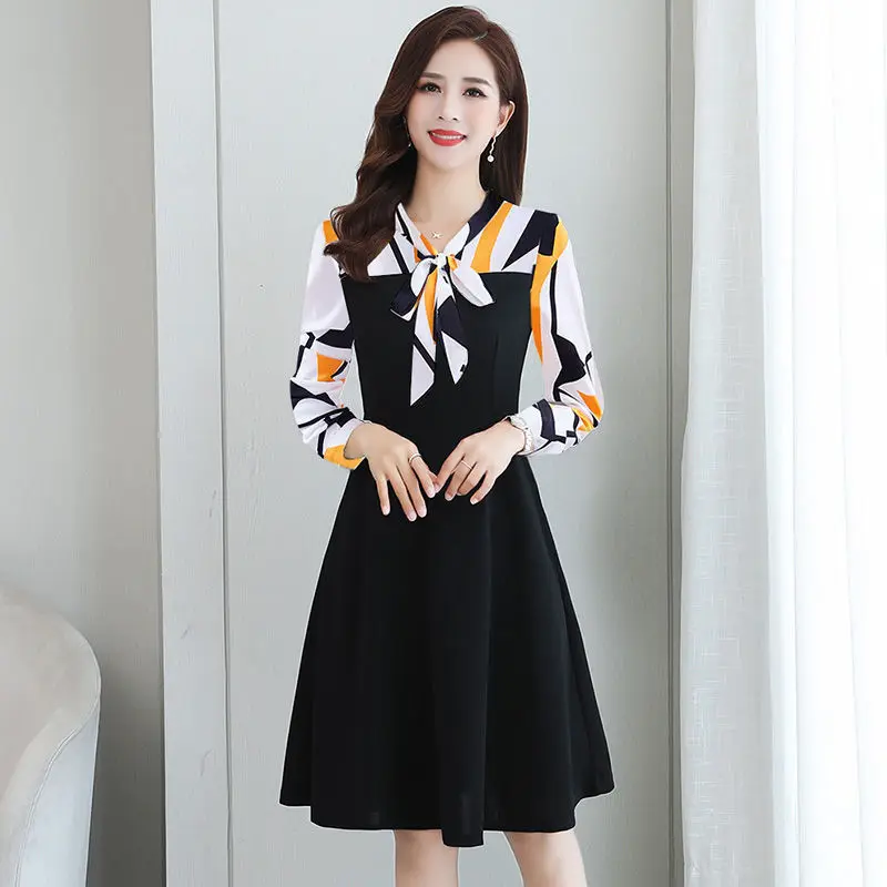 

Fashion Printed Spliced Lace Up Bow Midi Dress Women's Clothing 2023 Autumn Winter Loose All-match Tops Office Lady Floral Dress